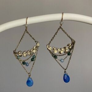 Blue, green, gold dangle earrings